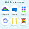 Inflatable water slide park accessories including a water hose, bouncer stakes, and colorful balls for outdoor fun.
