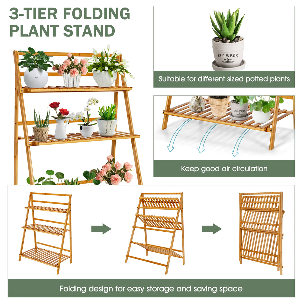 3-tier bamboo folding plant stand with open shelves for displaying potted plants, ideal for indoor and outdoor use.