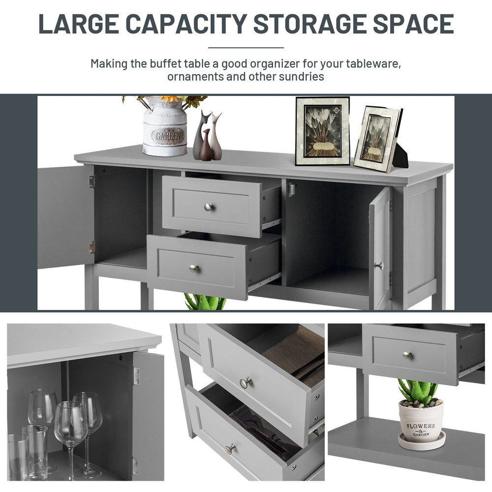 Gray wooden sideboard buffet console table with drawers and cabinets, offering spacious storage for home organization.