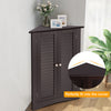 Brown freestanding corner cabinet with shutter doors, designed to fit snugly in corners and enhance home organization.