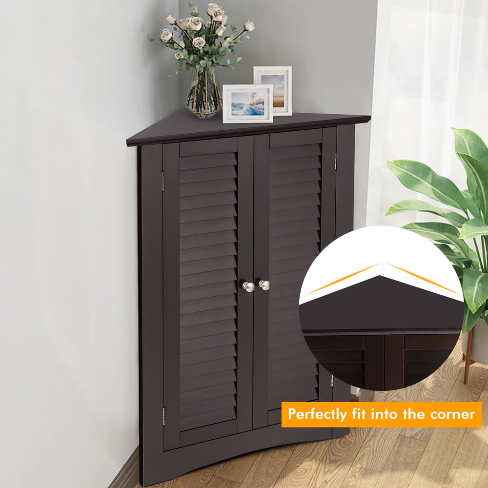 Brown freestanding corner cabinet with shutter doors, designed to fit snugly in corners and enhance home organization.