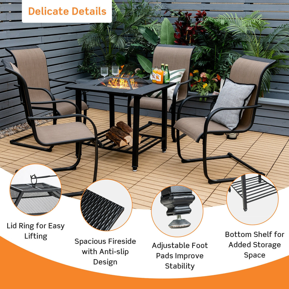 Square 31-inch outdoor fire pit dining table with BBQ grate, sturdy steel frame, adjustable foot pads for stability.
