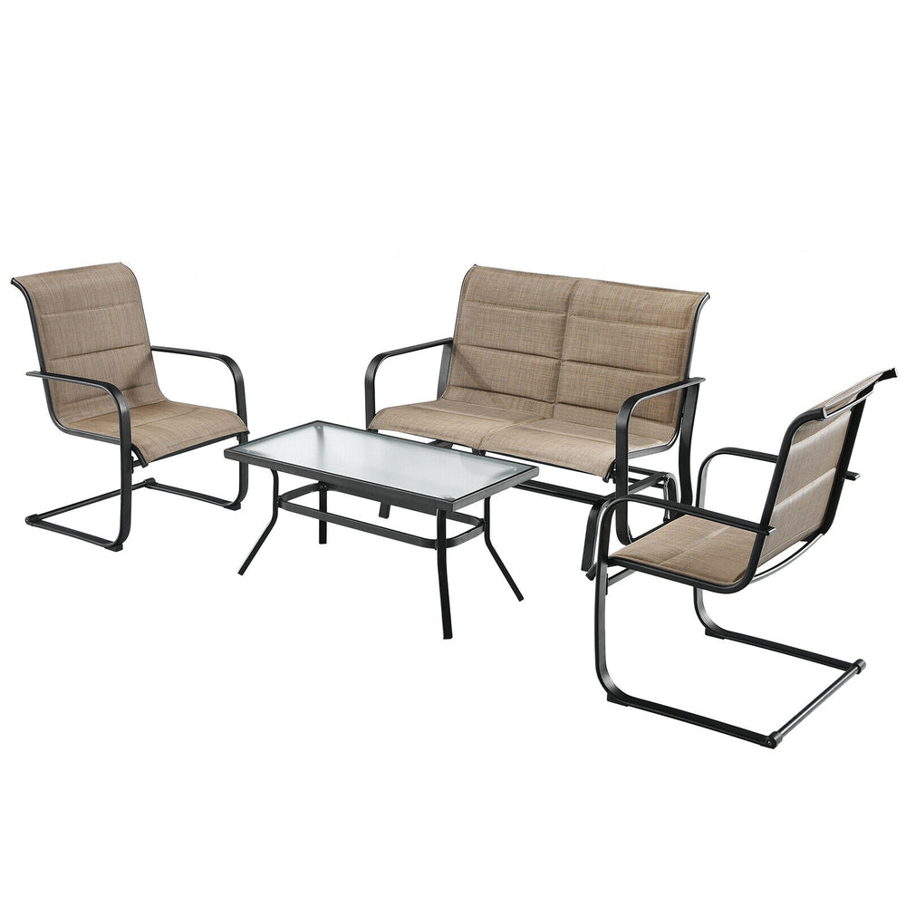 4-piece outdoor patio furniture set featuring a padded glider loveseat and coffee table in brown for relaxing.
