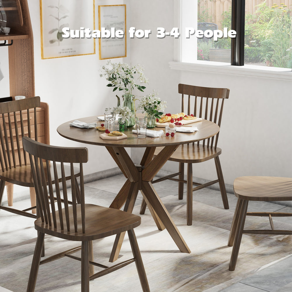 Round 36-inch wood dining table with intersecting pedestal base, suitable for 3-4 people, ideal for home or café use.