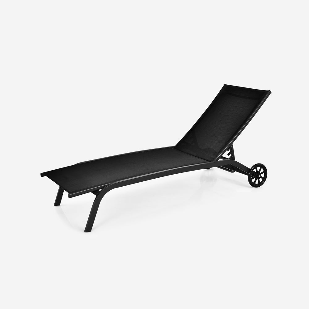 Black 6-position adjustable outdoor chaise recliner with wheels, featuring a heavy-duty steel frame for patio.