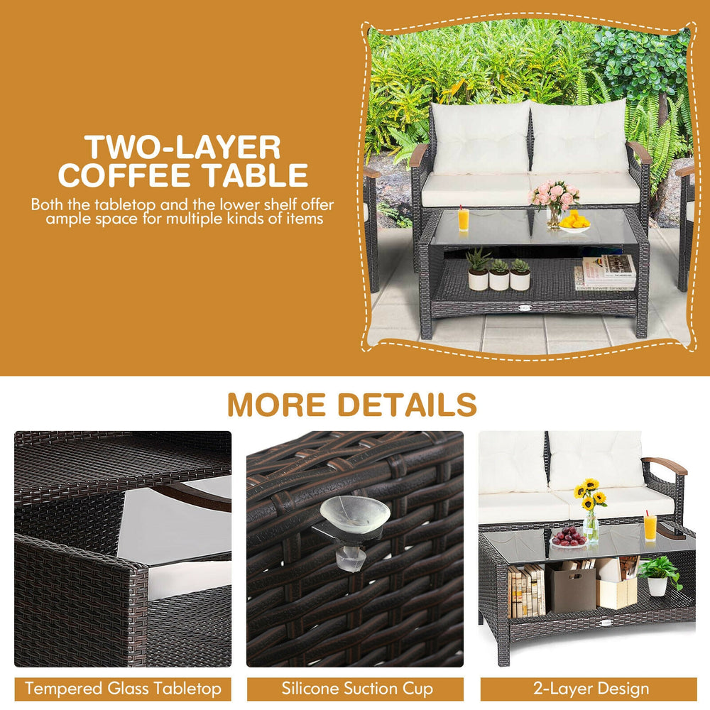Two-layer coffee table with tempered glass top and silicone suction cups, part of a 4-piece patio rattan furniture set.