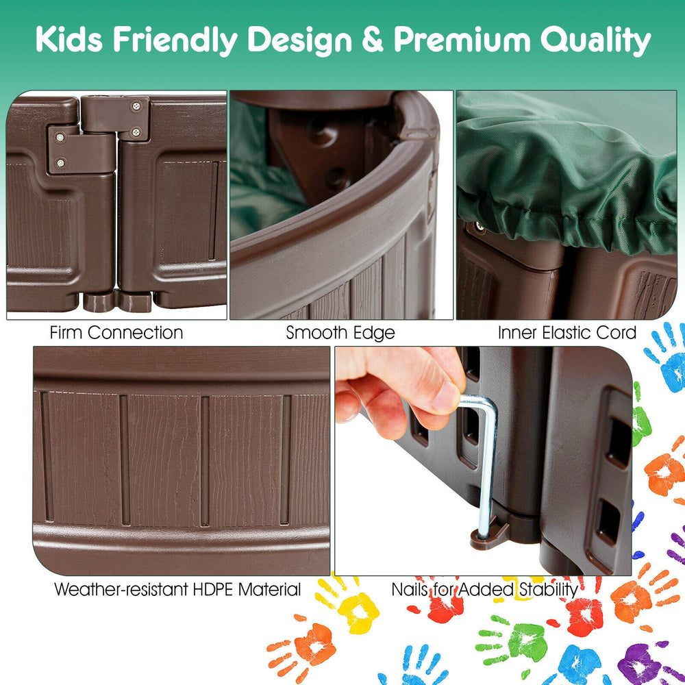 Brown sandbox featuring built-in corner seats, dust-proof cover, and weather-resistant HDPE material for outdoor fun.