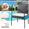 Close-up of a comfy seat cushion with smooth zipper for a 4-piece patio wicker rattan dining set by the poolside.
