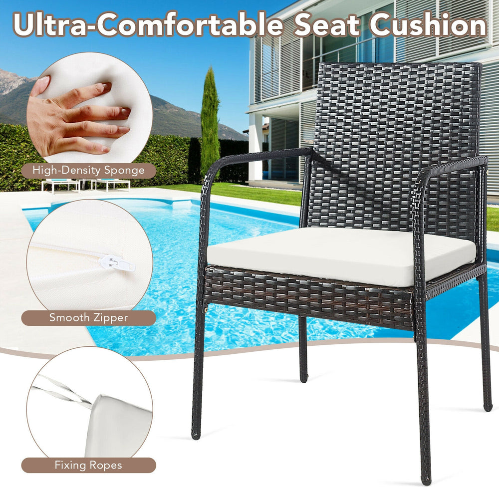 Close-up of a comfy seat cushion with smooth zipper for a 4-piece patio wicker rattan dining set by the poolside.