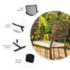 High backrest patio bar stool with armrests and footrest, featuring a soft cushion for comfort, ideal for outdoor use.