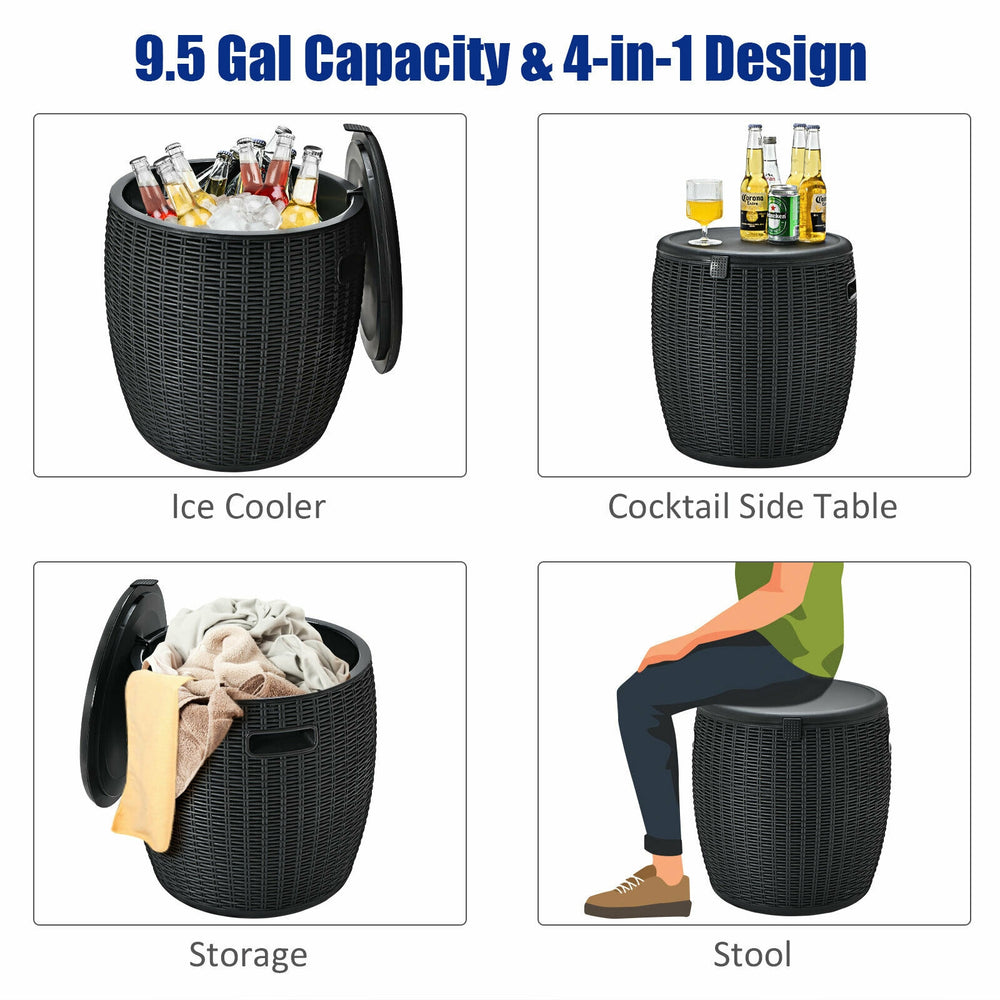 Black 9.5-gallon rattan ice cooler, serving as a cocktail table, stool, and storage box for outdoor gatherings.