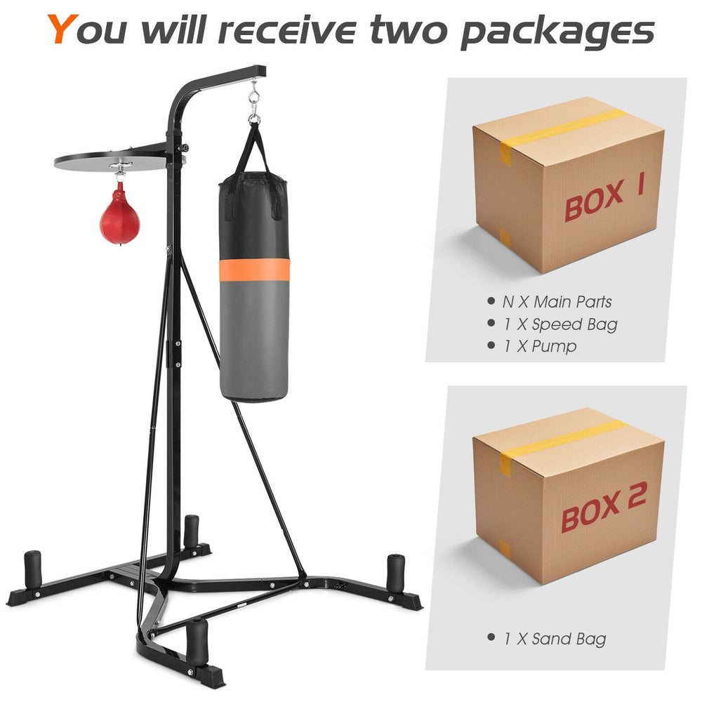 Heavy duty boxing punching stand with heavy bag and speed bag, adjustable height, sturdy steel frame for home gym use.
