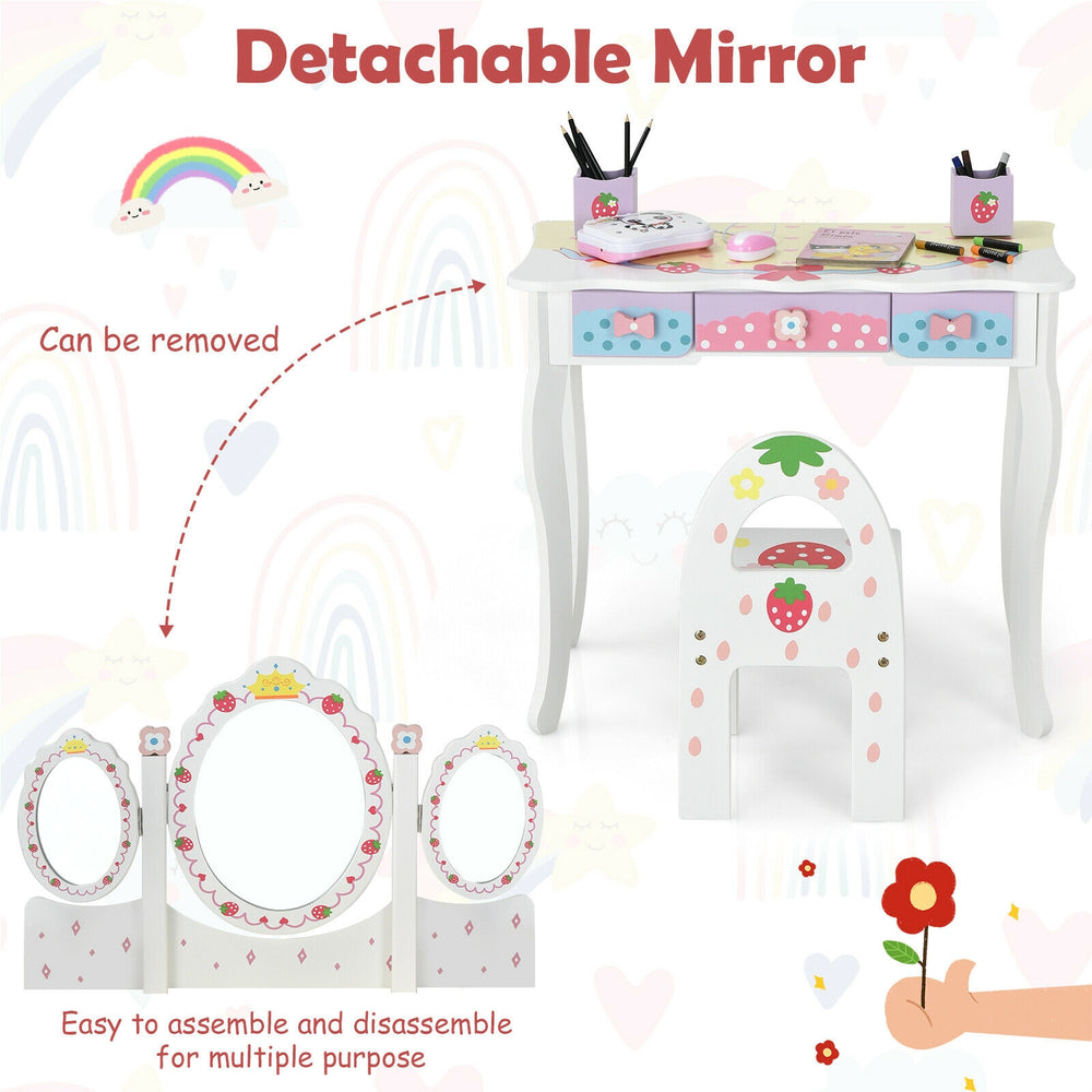 Kids vanity set featuring a tri-fold mirror and chair, made of durable MDF, perfect for makeup or studying.