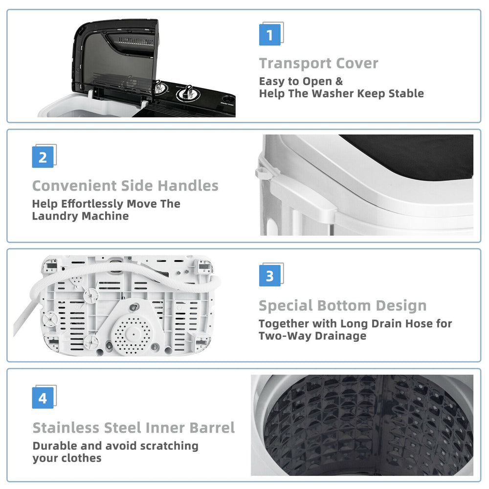 Compact mini twin tub washing machine features convenient side handles and a durable stainless steel inner barrel.