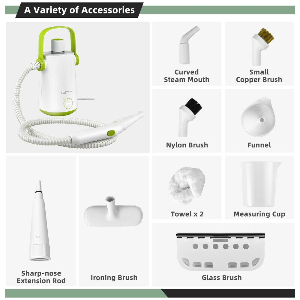 Portable 1000W steam cleaner with 10 accessories including brushes, towels, and measuring cup for efficient cleaning.