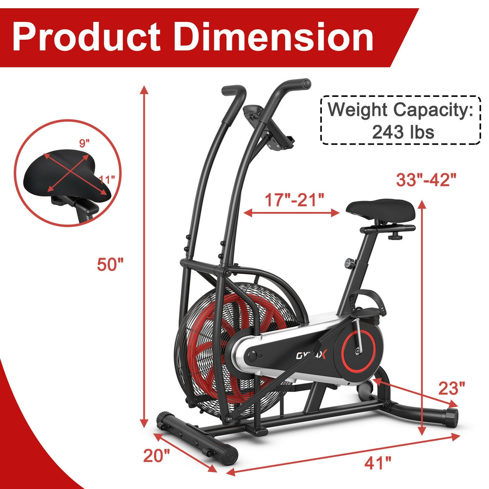 Upright air bike with adjustable seat, anti-slip pedals, and LCD monitor for full body workouts, weight capacity 243.