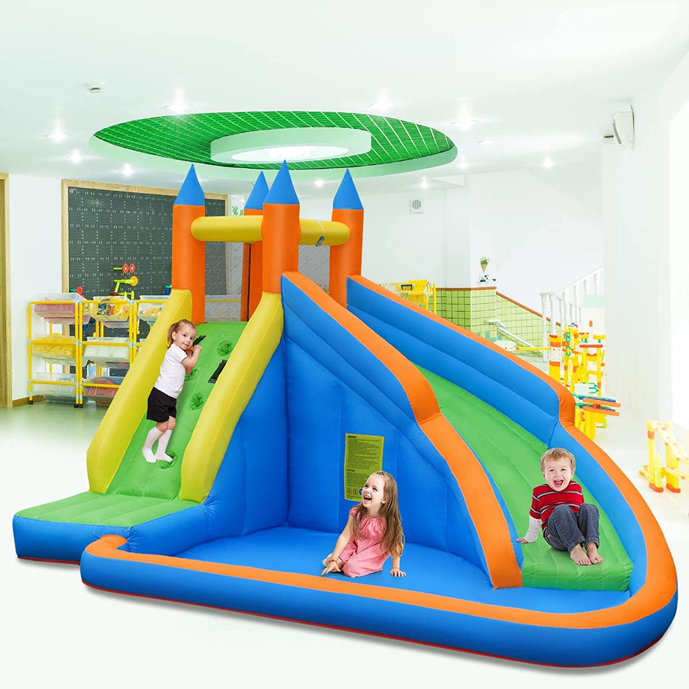 Kids inflatable water slide bouncing house featuring a climbing wall and splash pool, made of durable Oxford material.