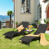 Two black patio folding lounge chairs with armrests, featuring a 5-position adjustable backrest, set in a sunny outdoor.