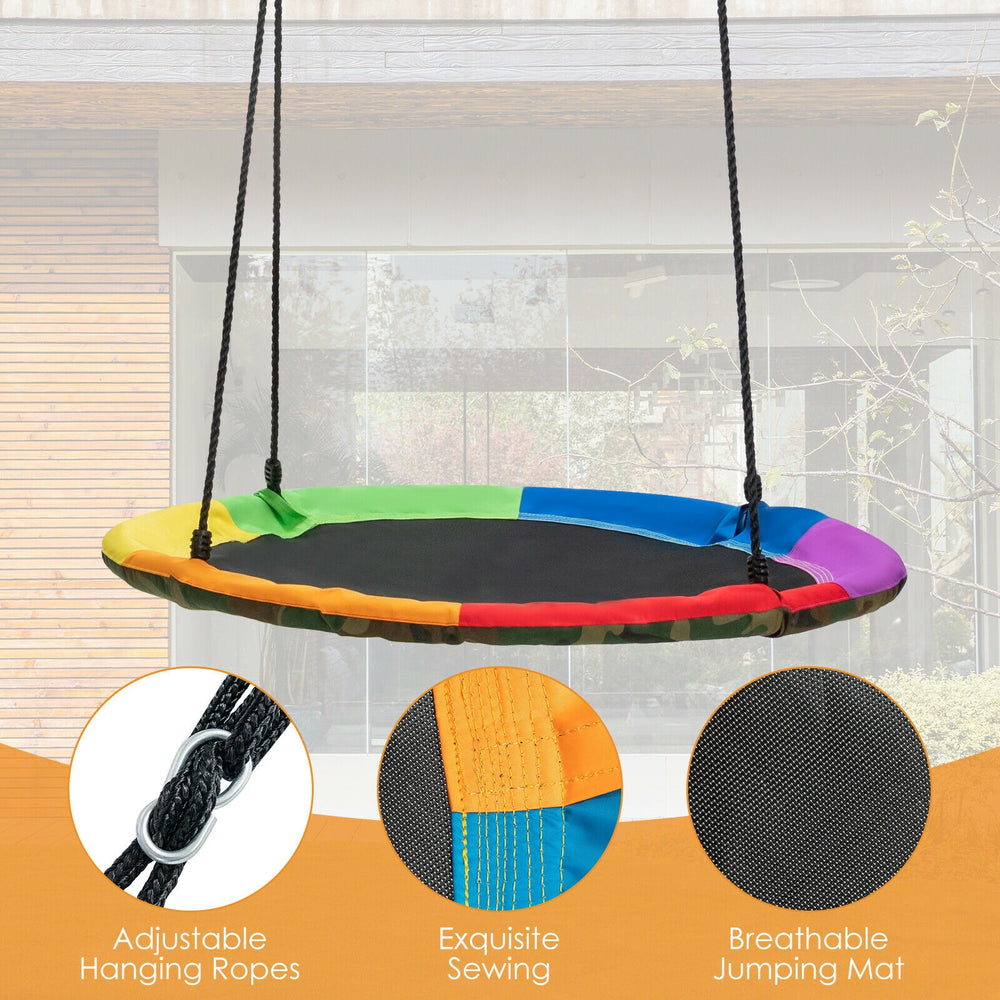 Colorful saucer tree swing with adjustable ropes, breathable mat, and durable Oxford fabric for outdoor fun.