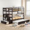 Twin over twin bunk bed in dark brown with storage shelf, rolling drawer, and guardrail for kids' safety and.