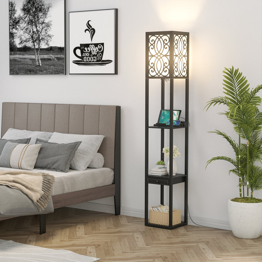 Modern standing shelf lamp with a stylish design, featuring a white lampshade and vertical shape, perfect for compact.