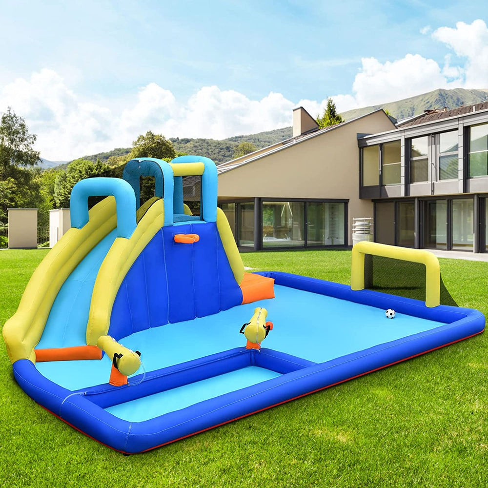 Colorful 6-in-1 inflatable water slide for kids, featuring mesh walls and suitable for garden or lawn fun.