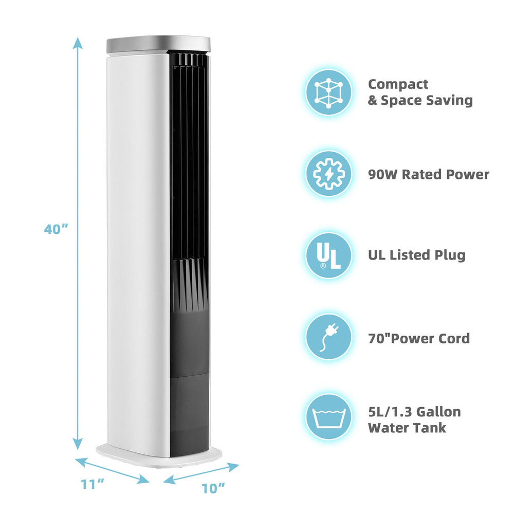 3-in-1 portable evaporative air cooler in white, 40" tall, features 4 fan speeds and a 5L water tank for home or office.