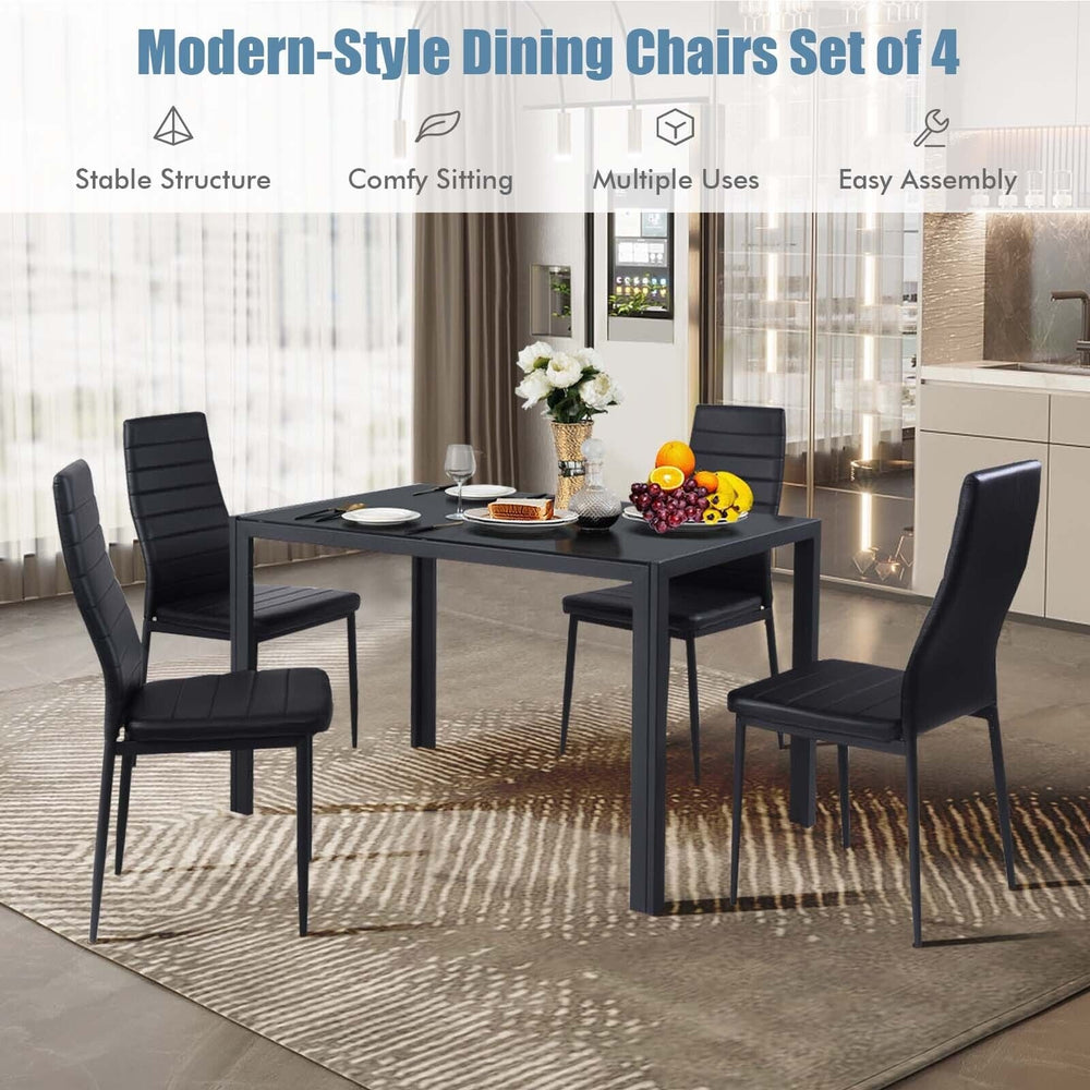 Set of 4 modern leather dining chairs with metal frame, ergonomic backrest, and anti-slip footpads for versatile use.
