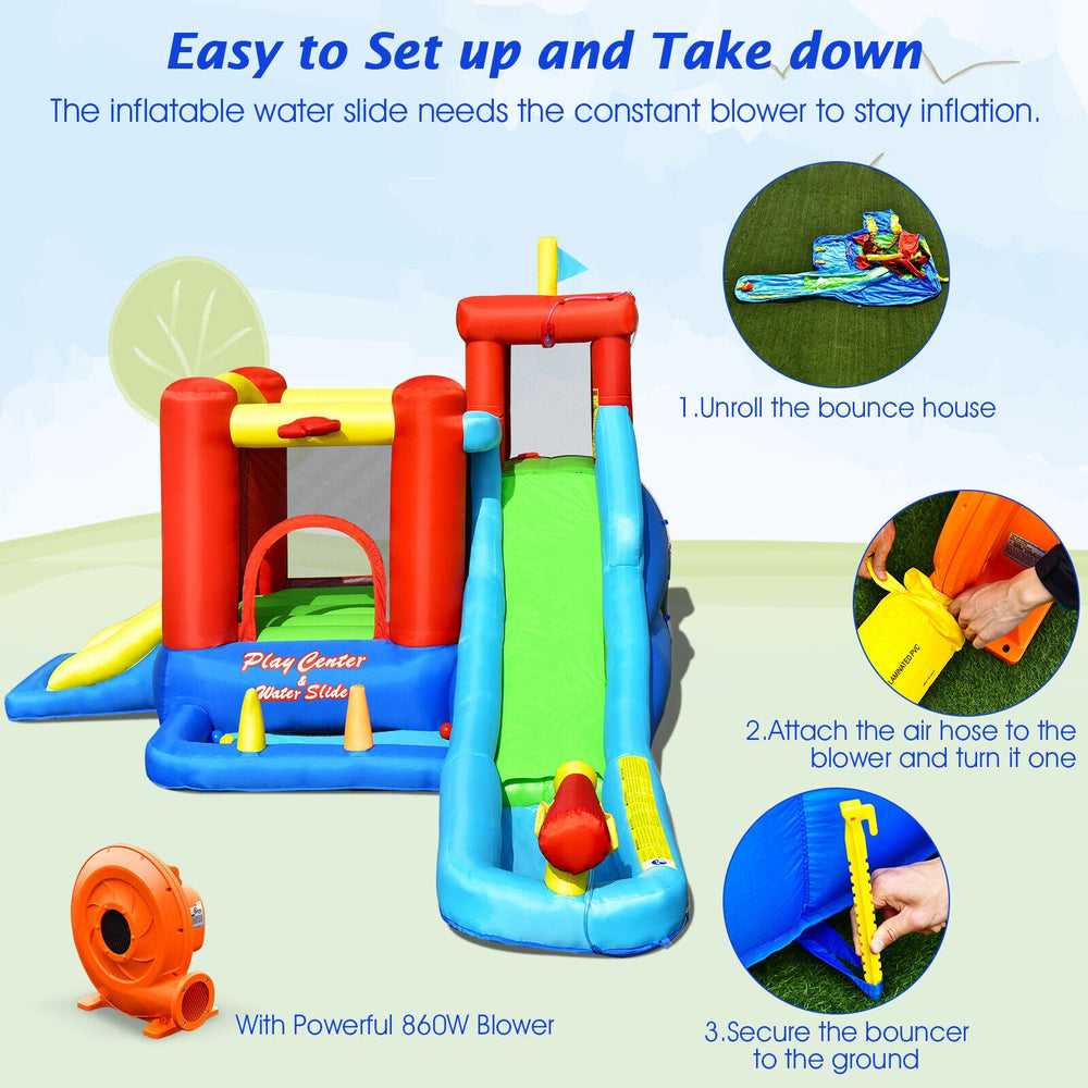 Colorful 9-in-1 inflatable kids water slide bounce house with splash pool, climbing wall, and 860W blower for outdoor.