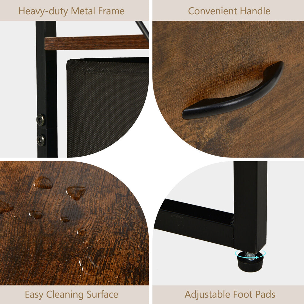 Freestanding vertical dresser with rustic brown finish, featuring 3 drawers, 3 shelves, and a heavy-duty metal frame.
