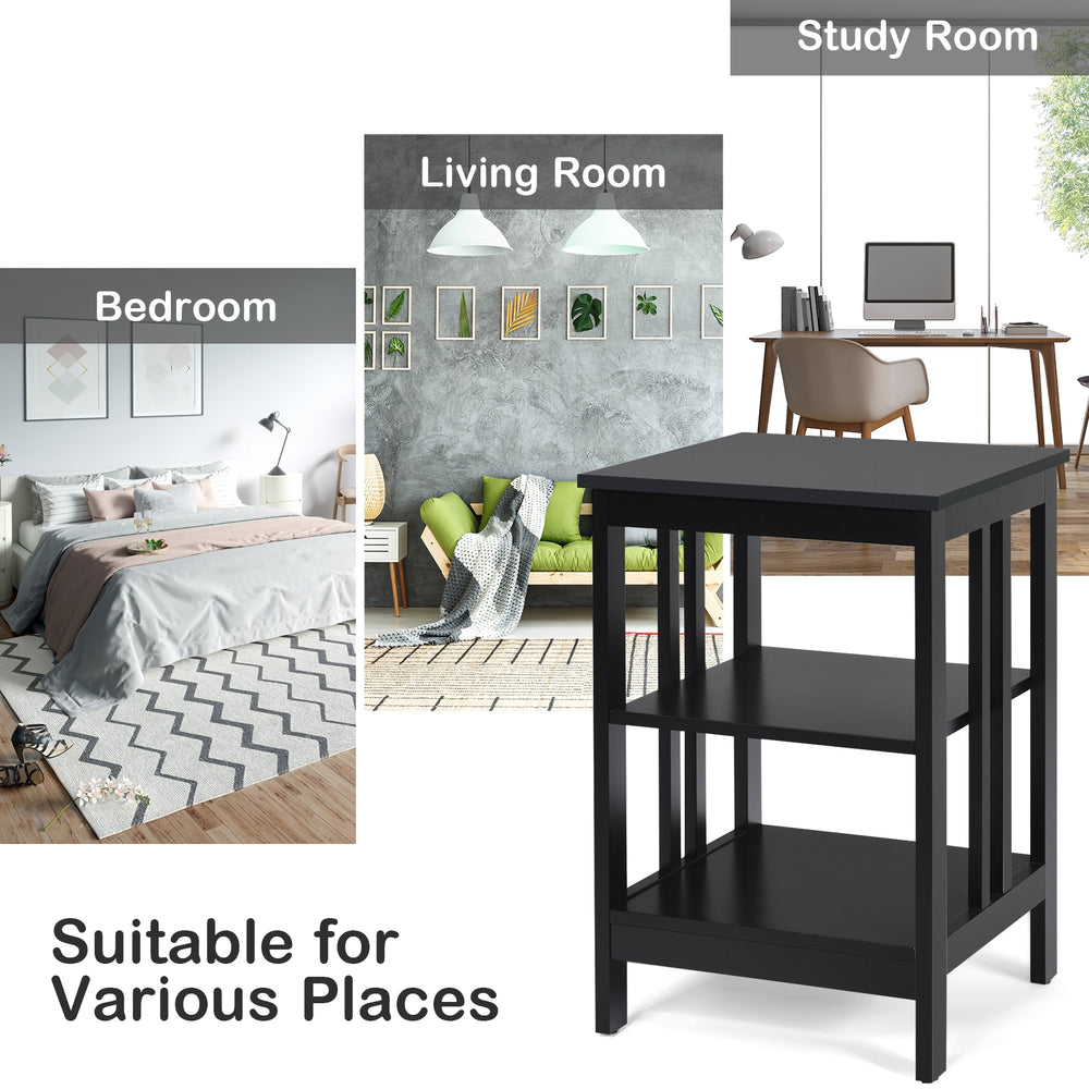 3-tier black nightstand with round corners and baffles, perfect for living room, bedroom, or study room storage.