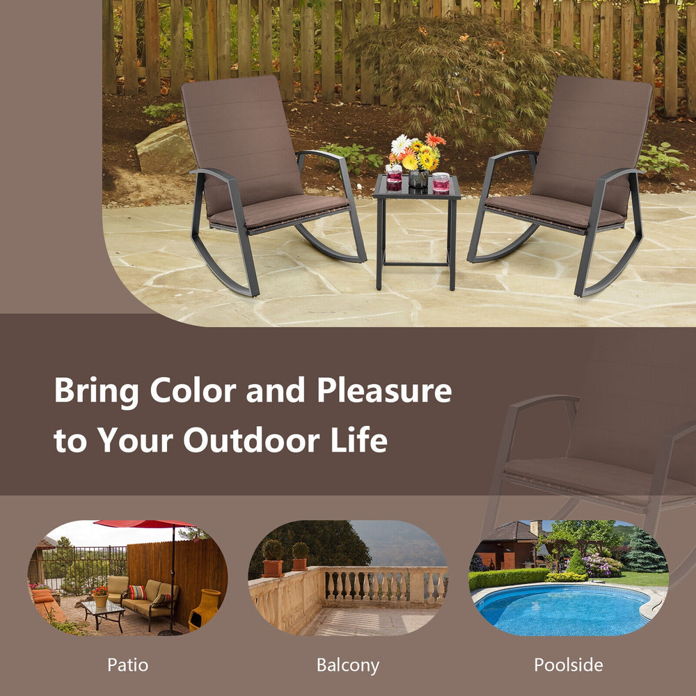 3-piece patio rattan rocking furniture set in brown with cushions, ideal for outdoor relaxation by the poolside or.