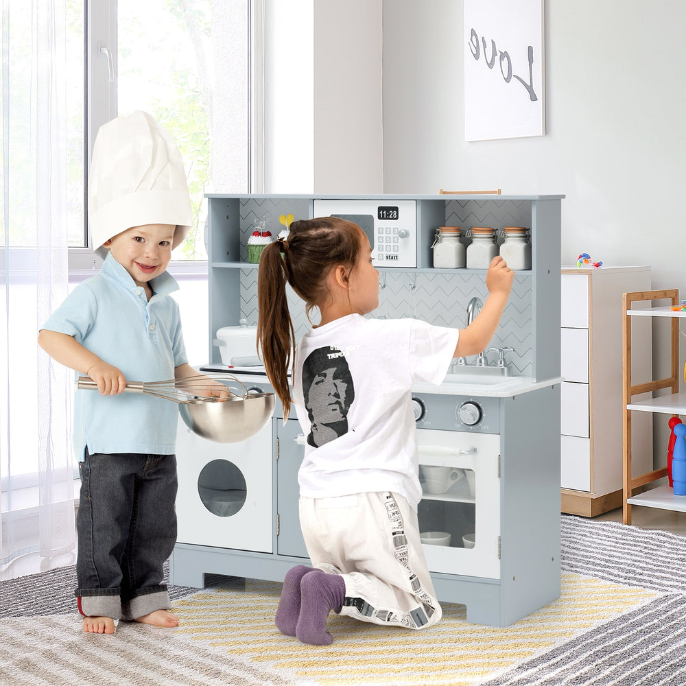 Wooden pretend play kitchen toy set for kids featuring realistic light and sound, promoting social skills and fun.