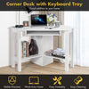 Corner wooden study desk with keyboard tray, spacious design, ideal for home office and maximizing floor space.
