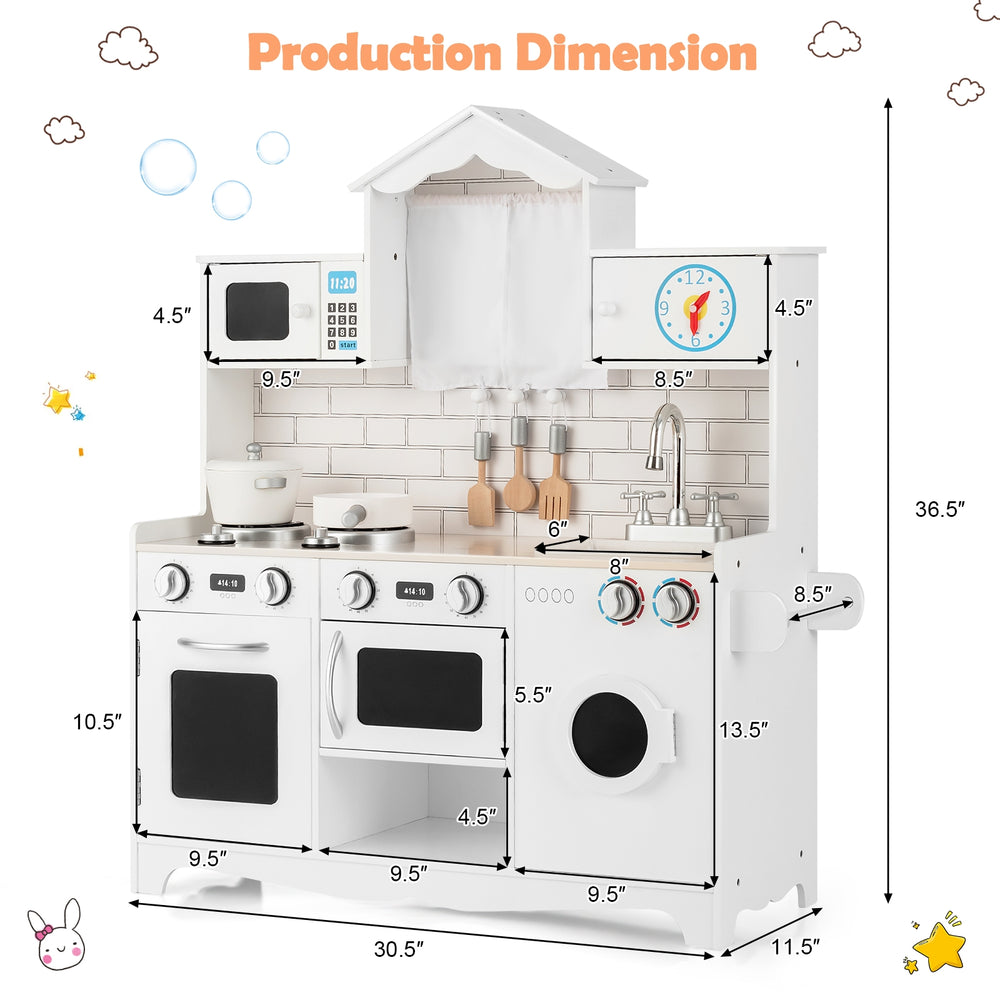 Wooden kids kitchen playset with washing machine, oven, sink, and accessories for imaginative play, measuring 36.5.