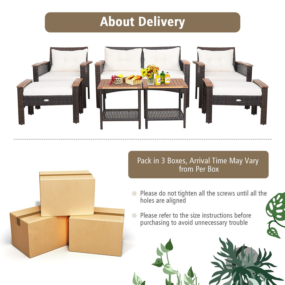 7-piece patio rattan cushioned conversation set with weather-resistant brown PE rattan for outdoor comfort and.