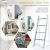 4-tier gray ladder shelf made of pine wood, perfect for storing blankets, toiletries, or decor in various rooms.