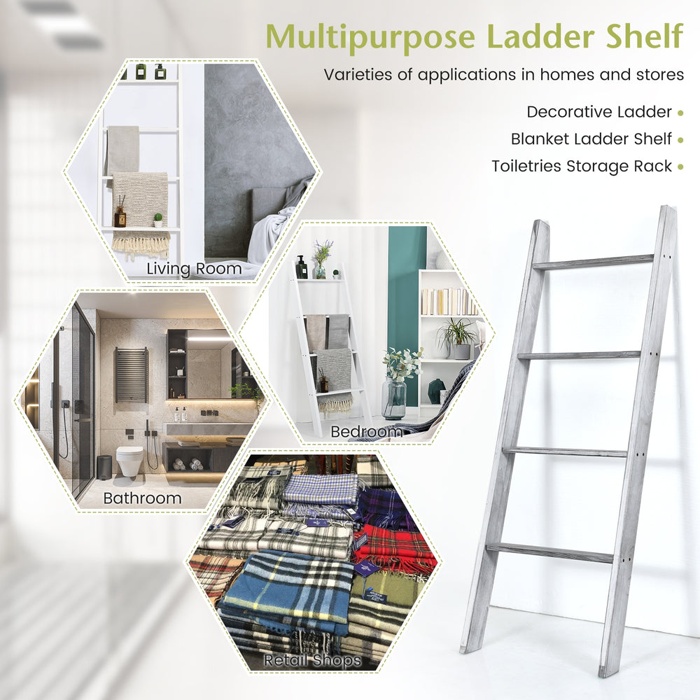 4-tier gray ladder shelf made of pine wood, perfect for storing blankets, toiletries, or decor in various rooms.