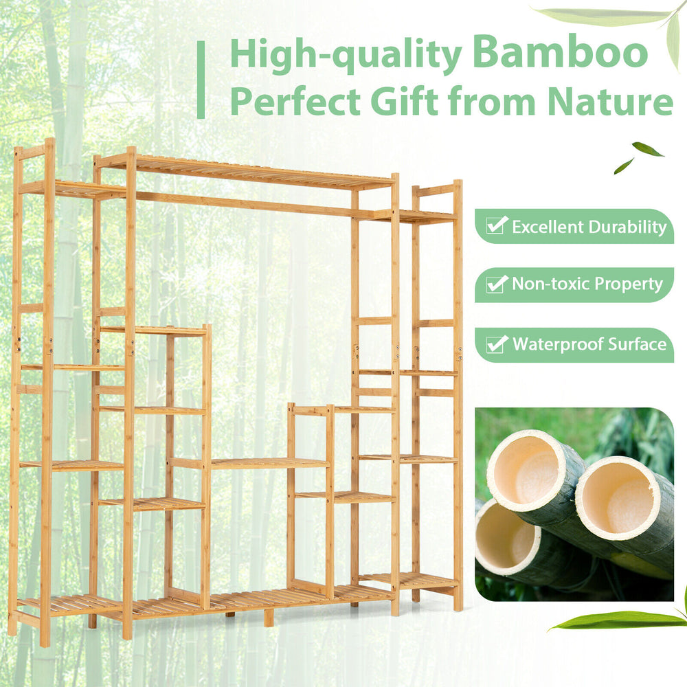 9-tier bamboo plant stand with hanging rack, featuring durable shelves for plants, ideal for gardens and living rooms.