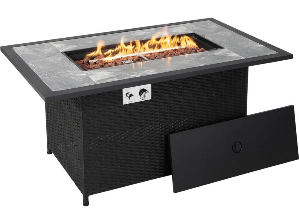 52-inch black rattan wicker propane fire pit table with marble top, lava rock, and rain cover for outdoor heating and.