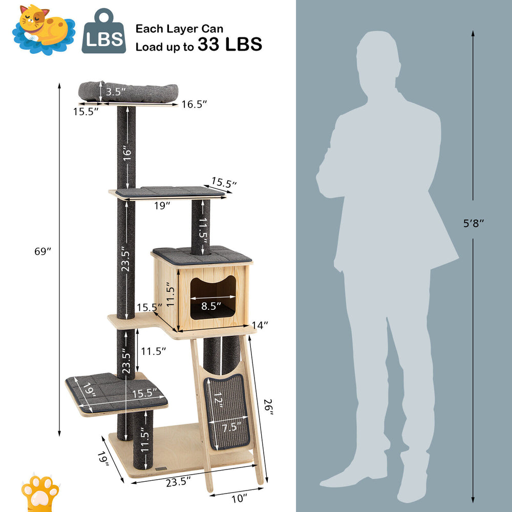 5-tier gray wooden cat tower with washable cushions, featuring a large condo, platforms, and sturdy scratching posts.