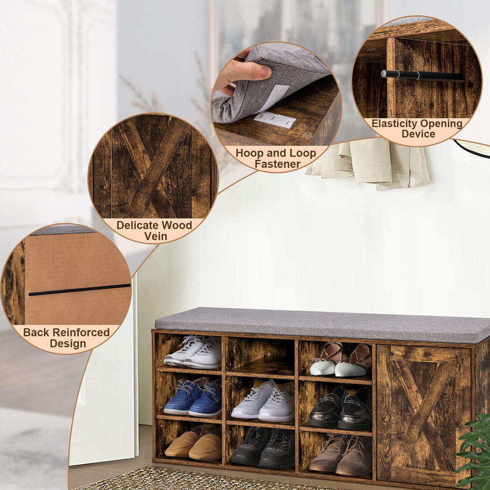 Adjustable 9-cube shoe bench in rustic brown with padded cushion, ideal for entryway storage and comfort.