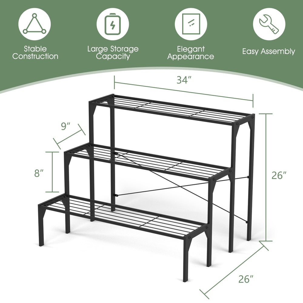 Three-tier metal plant stand with heavy-duty rack, featuring a sleek design for outdoor or indoor decorative use.