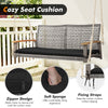 Black seat cushion for 2-person patio wicker hanging swing chair with zipper design and fixing straps for secure.