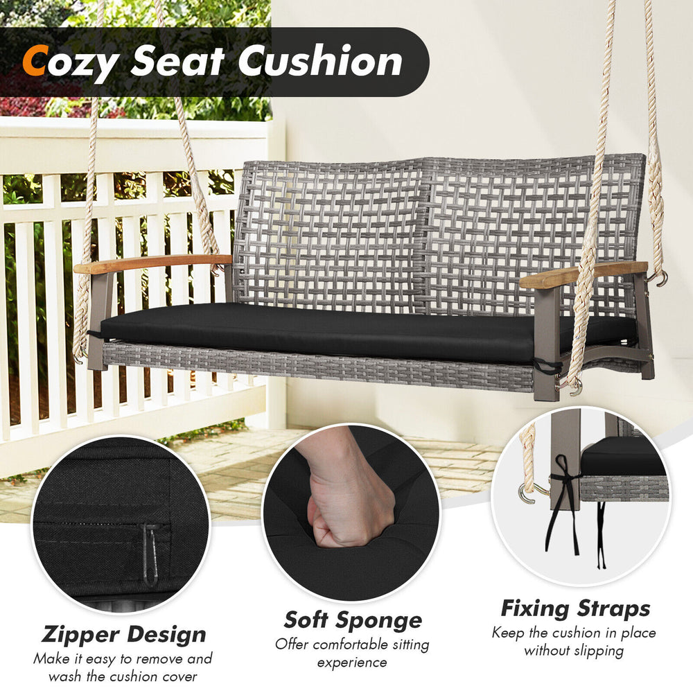Black seat cushion for 2-person patio wicker hanging swing chair with zipper design and fixing straps for secure.