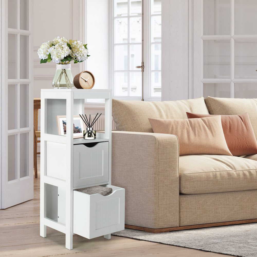 Freestanding white storage cabinet with 2 removable drawers and open shelf, ideal for bathroom or living room.