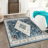 Faux wool area rug with intricate blue pattern, 0.4" thick, ideal for living room or bedroom decoration.
