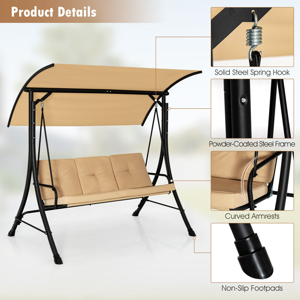 3-seat outdoor porch swing with adjustable beige canopy, padded cushions, and sturdy steel frame for backyard.