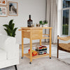 Bamboo kitchen trolley cart with two drawers and open shelves, perfect for food prep and storage in any home.