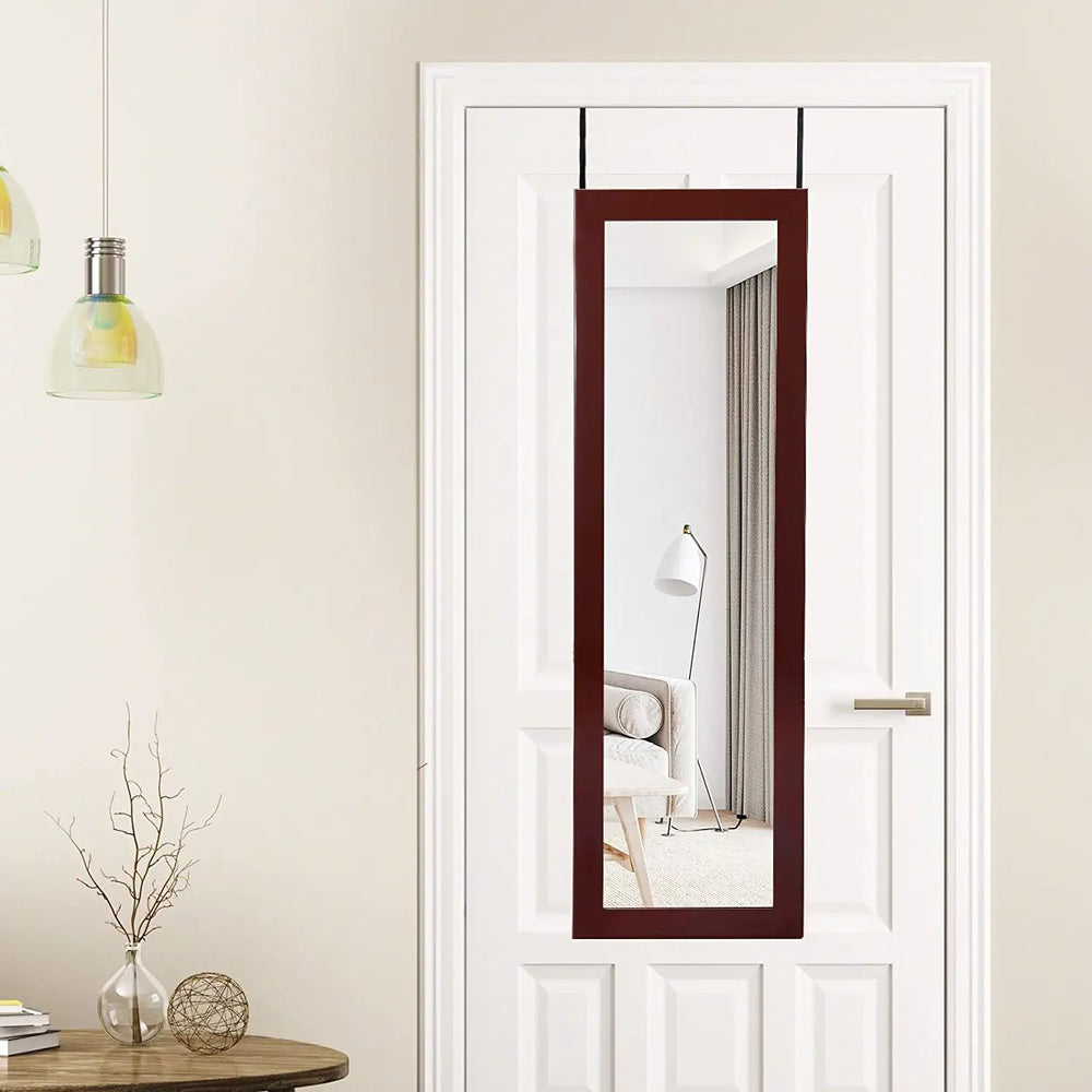 Lockable Wall Door Mounted Mirror Jewelry Cabinet w/LED Lights-Brown - Gallery View 1 of 9